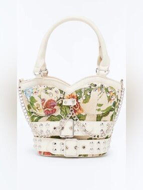 Dolls Kill Floral Embroidered Cream Bucket Handbag with Studded Chain Detail